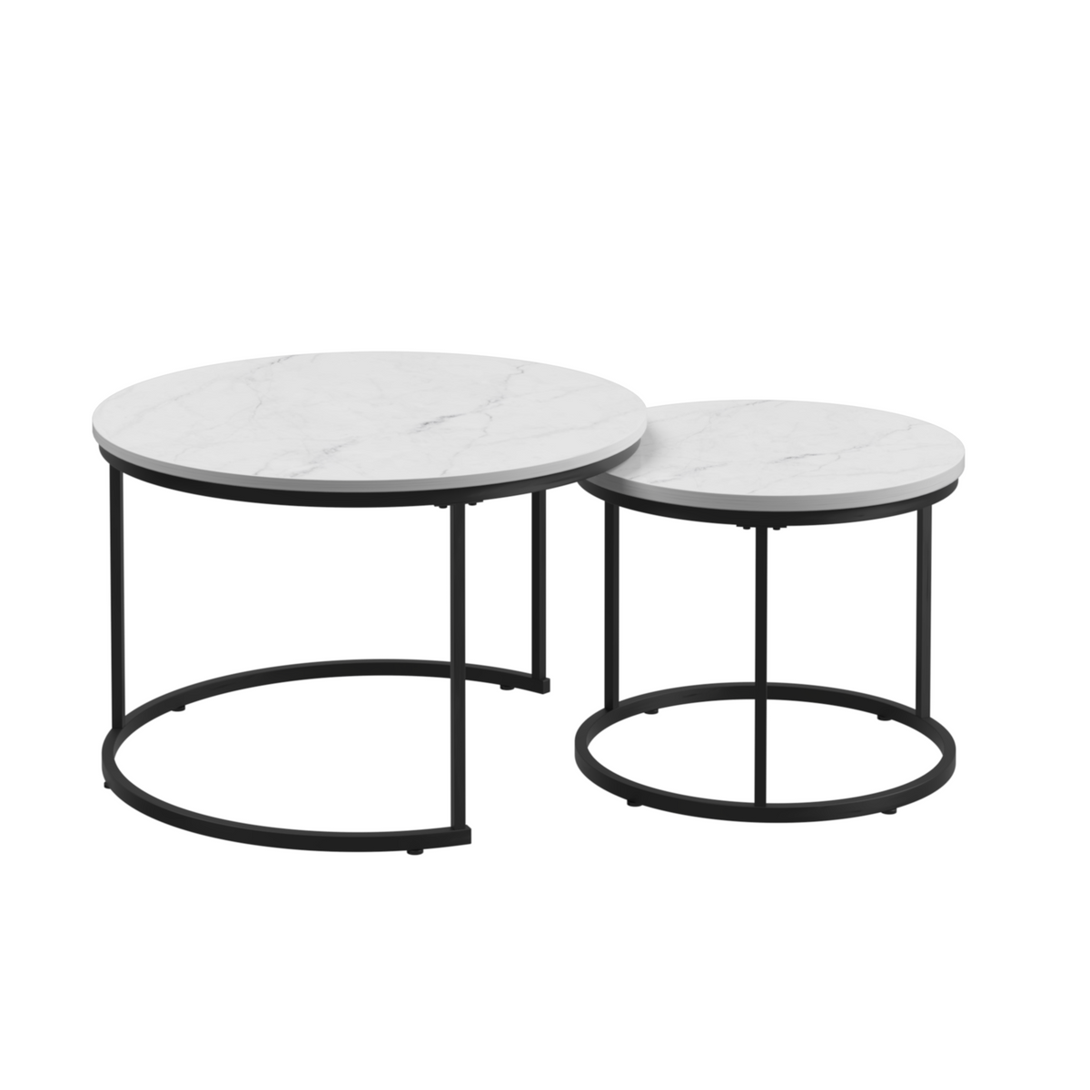 White 2-Piece Round Nesting Coffee Table Set – Marble-Look Wood Top with Metal Frame