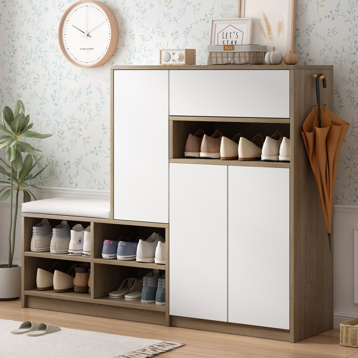 Shoe Cabinet with Soft Cushion Seat and Shelves
