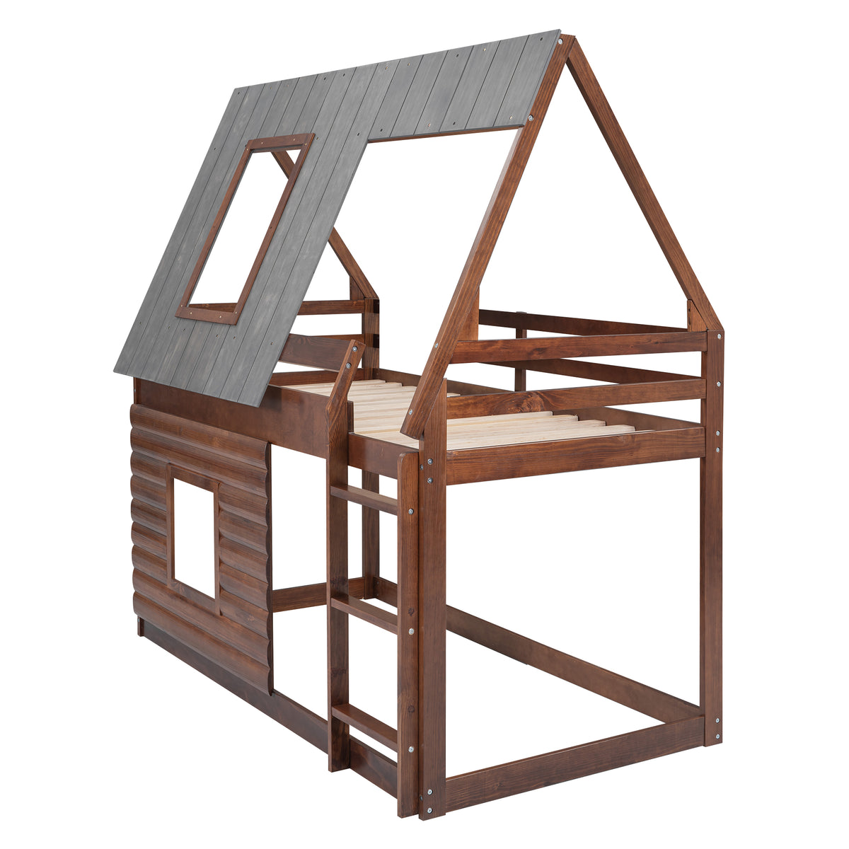 Twin Bunk Bed with Roof Windows Gray