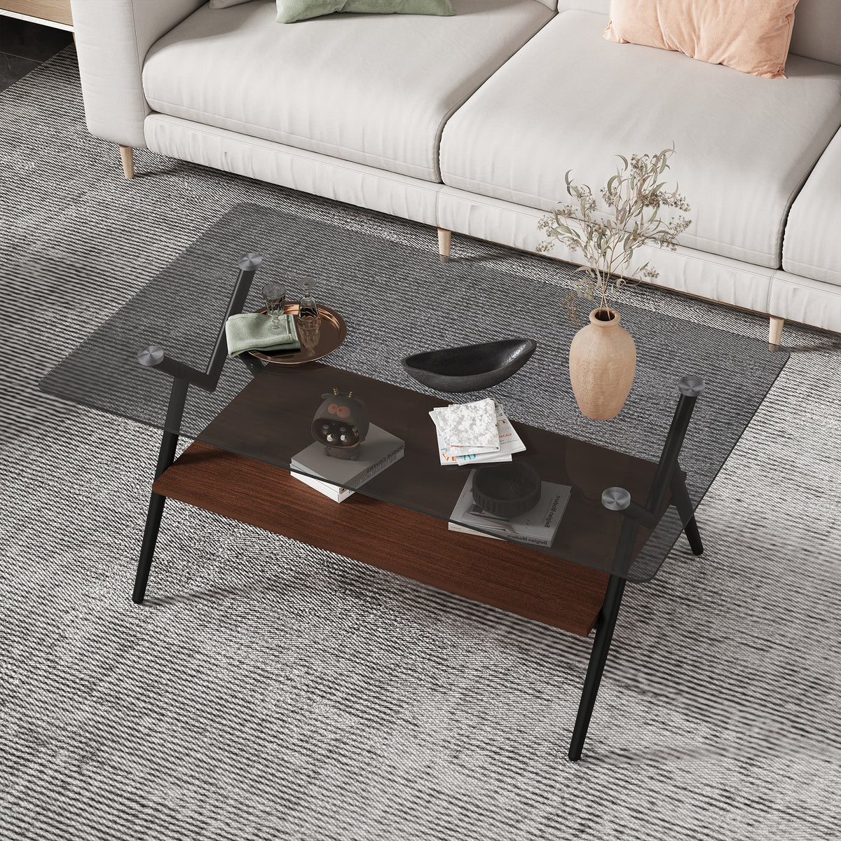 Rectangular Glass Coffee Table – Grey Wood Base