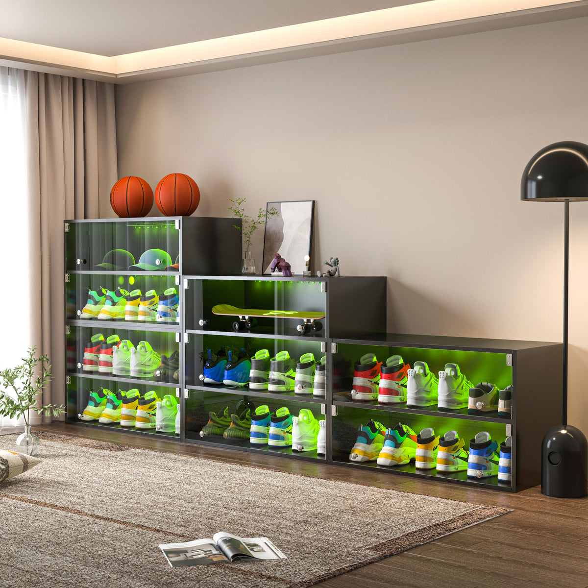 Illuminated Glass Door Shoe Cabinet – Black