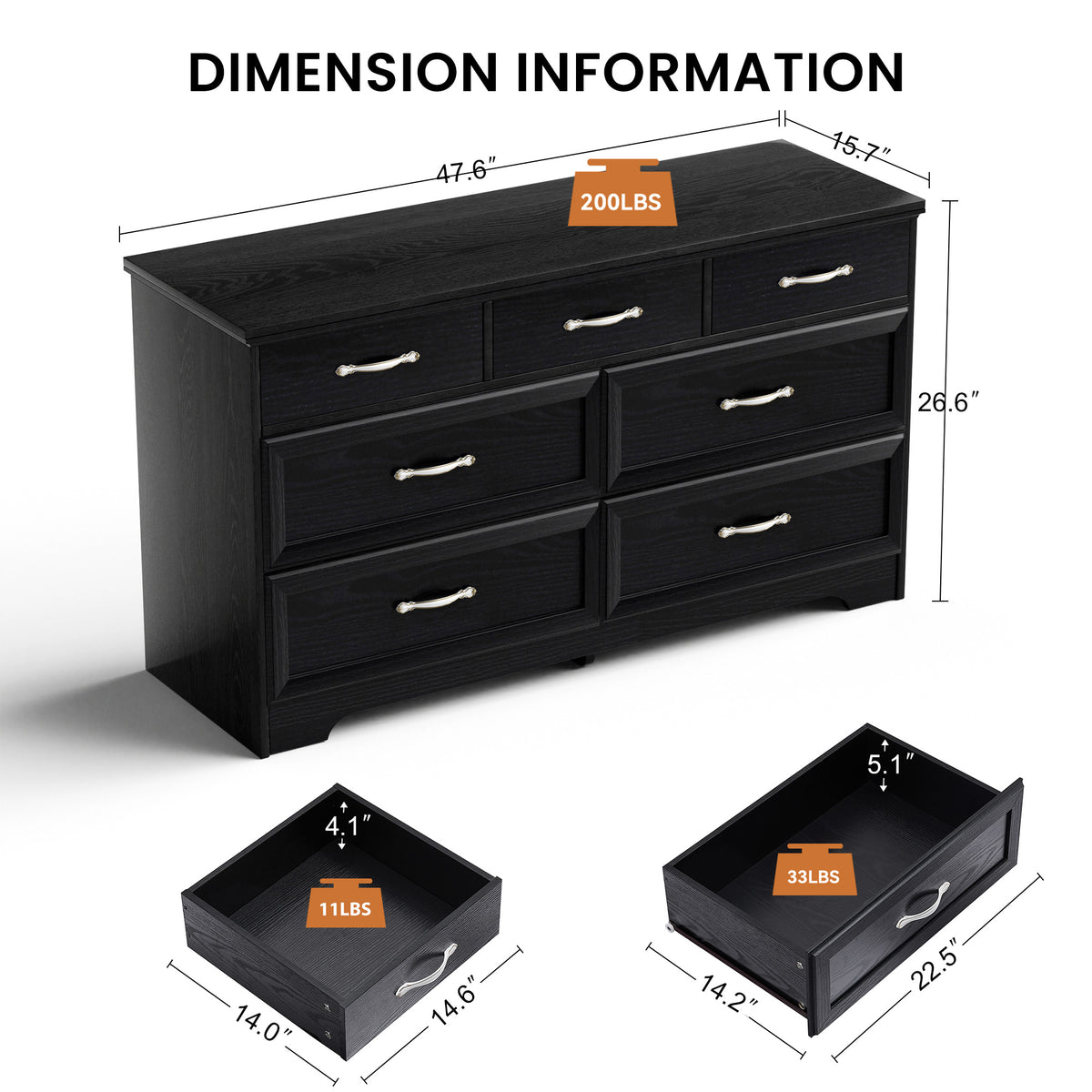 Modern 3-Drawer Dresser Black Finish