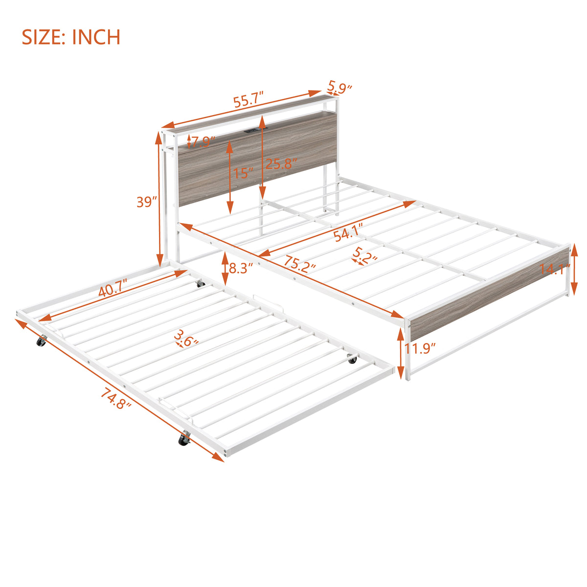 Full Metal Platform Bed with USB Ports White