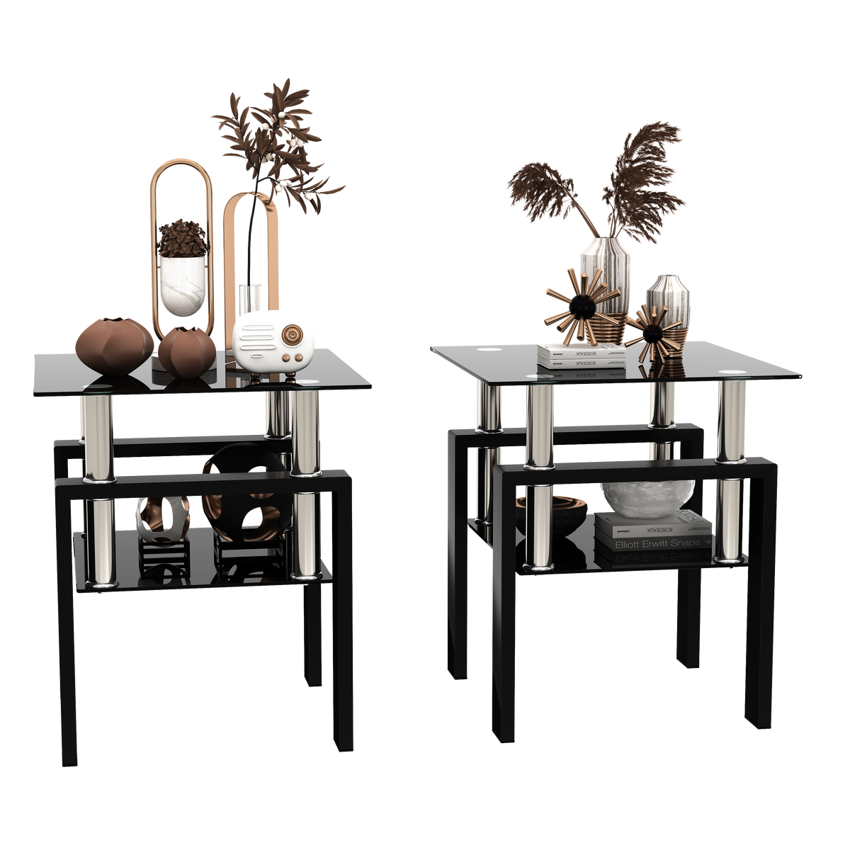 Modern Glass Coffee Tables Set of 2 Black Finish