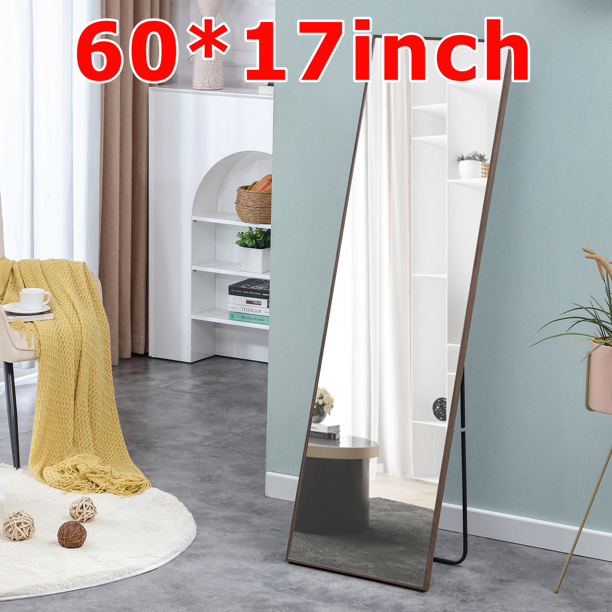 Brown Full-Length Floor Mirror Solid Wood Frame