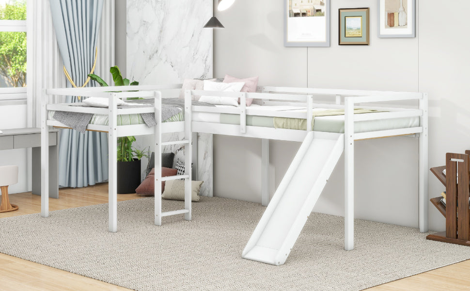 L-Shaped Twin Loft Bed with Slide White