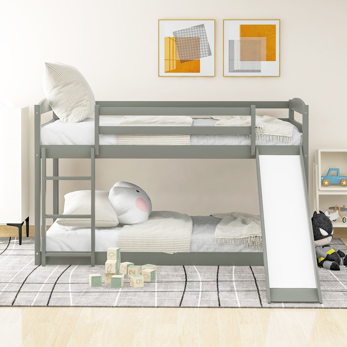 Twin Over Twin Bunk Bed with Slide Gray
