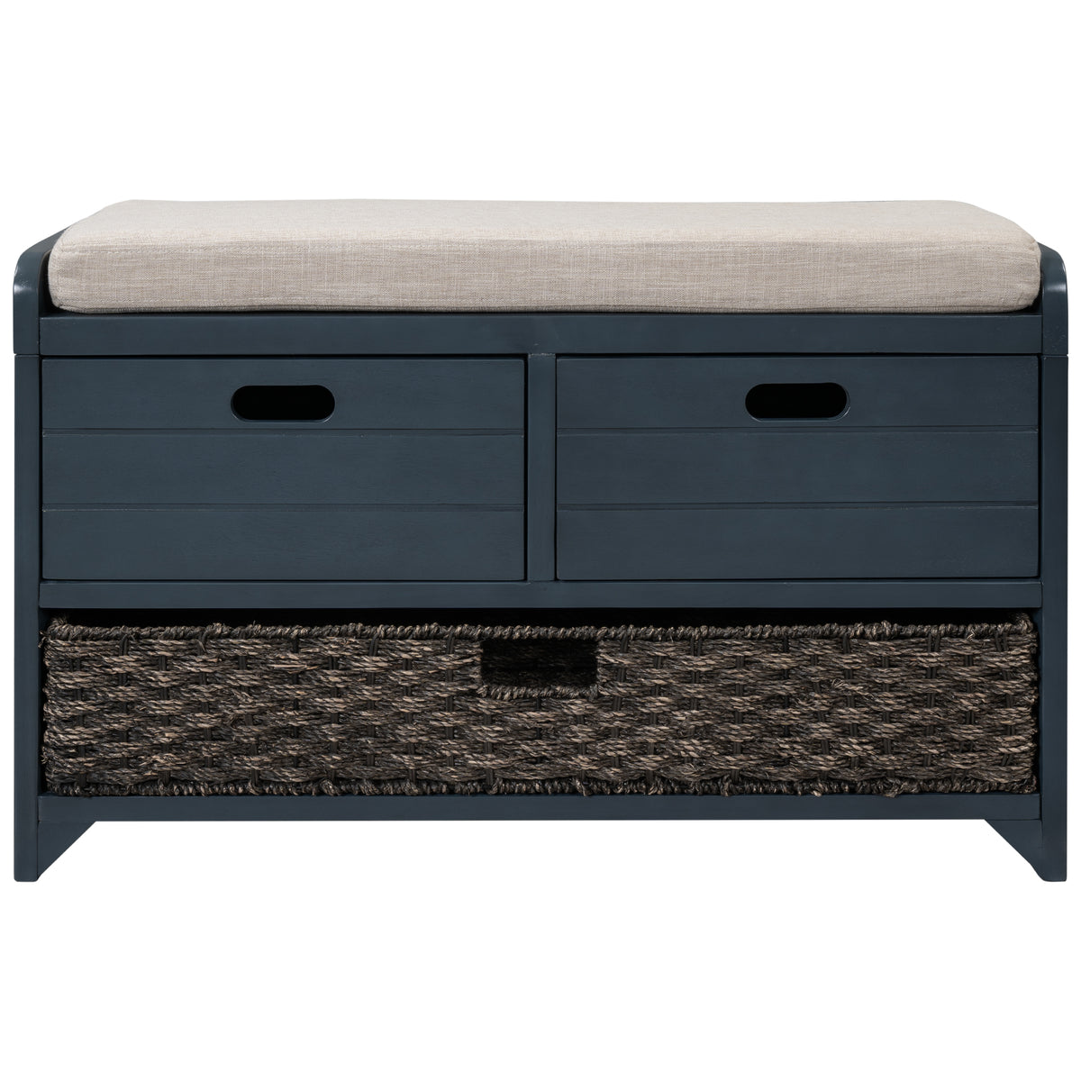Navy Storage Bench with Rattan Basket