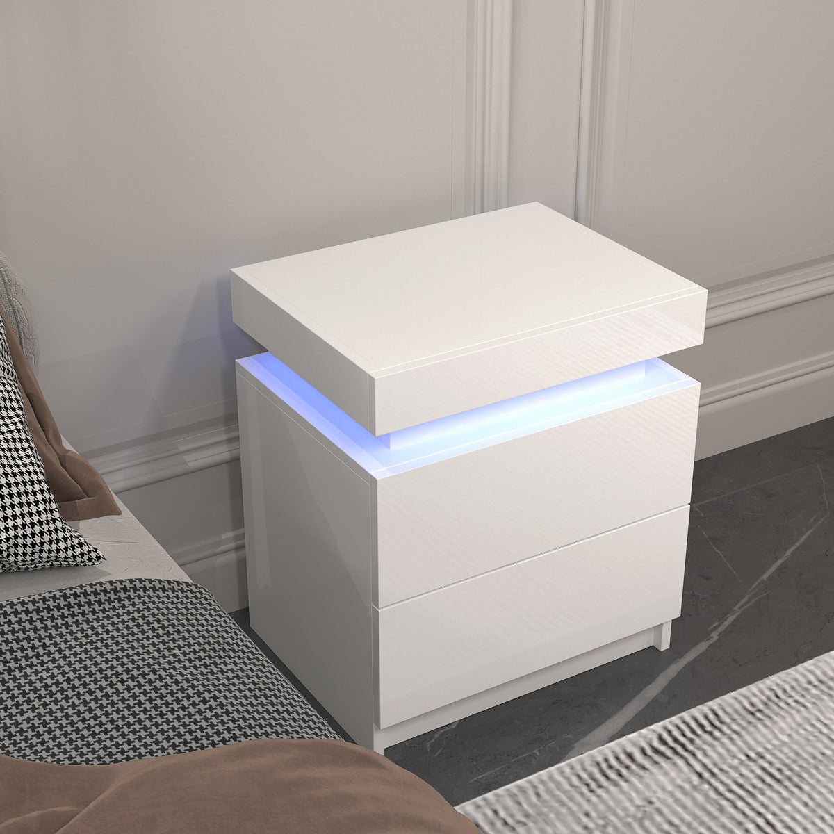 White LED Nightstand with Storage Drawers