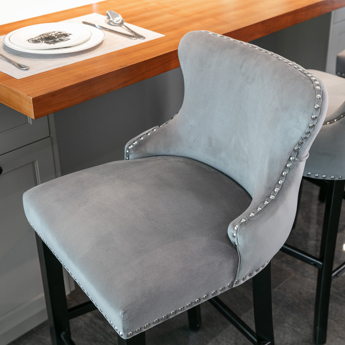 Velvet Wingback Bar Stool Set (2 pcs) – Gray
