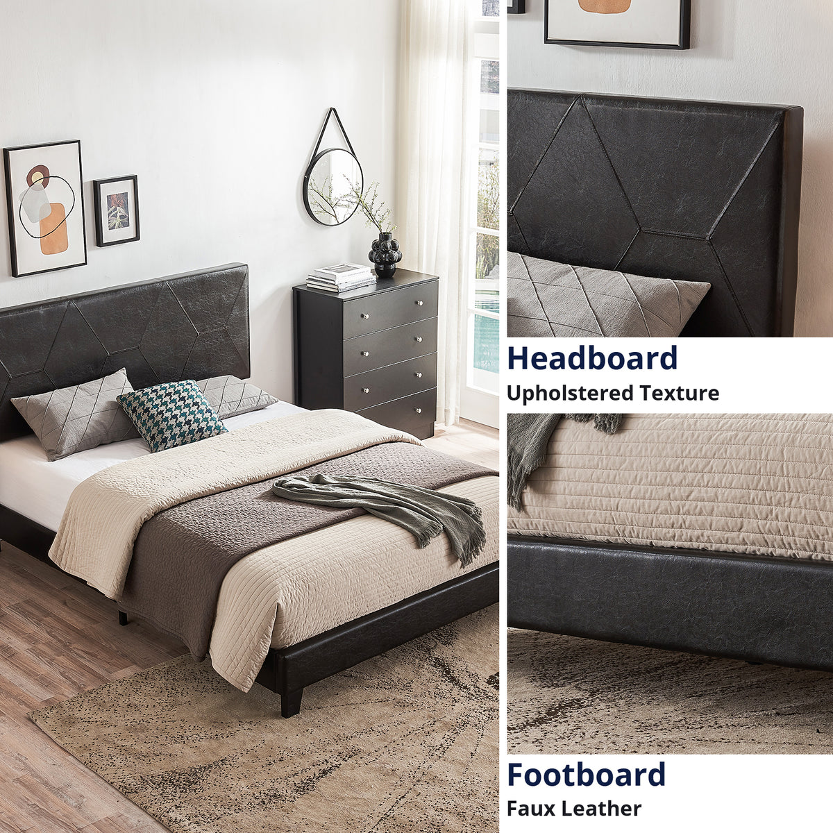 Queen Upholstered Platform Bed – Black Faux Leather