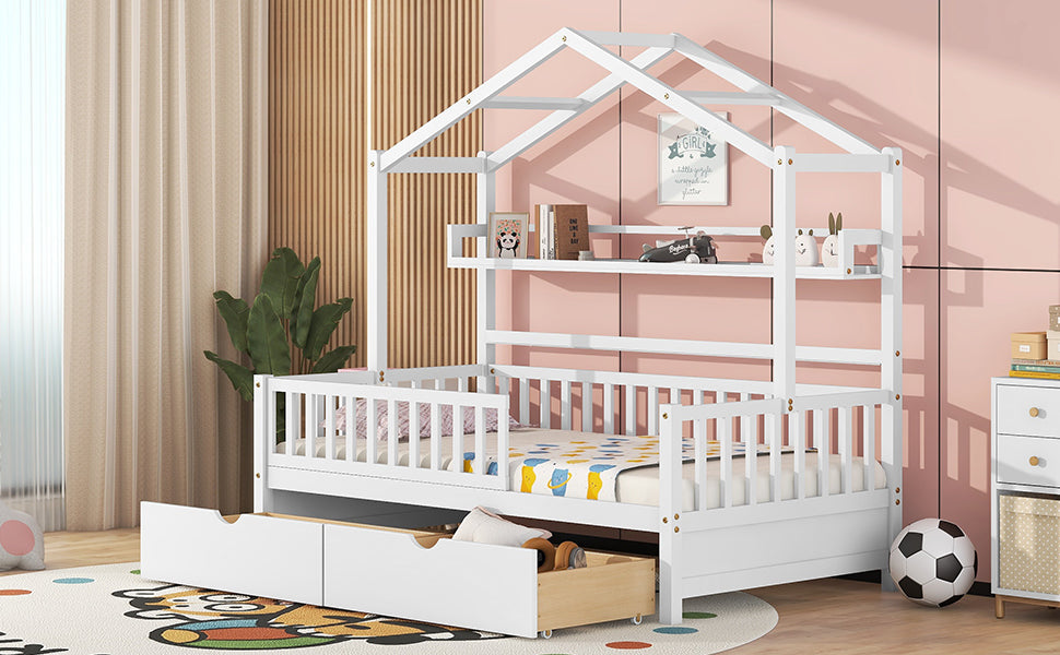 Twin House Bed with Storage Shelf White