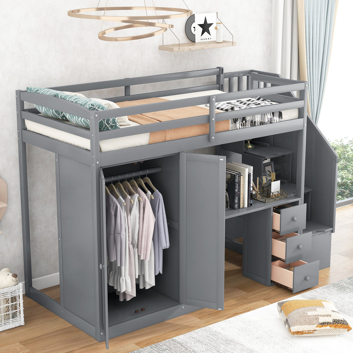 Twin Loft Bed with Wardrobe Gray