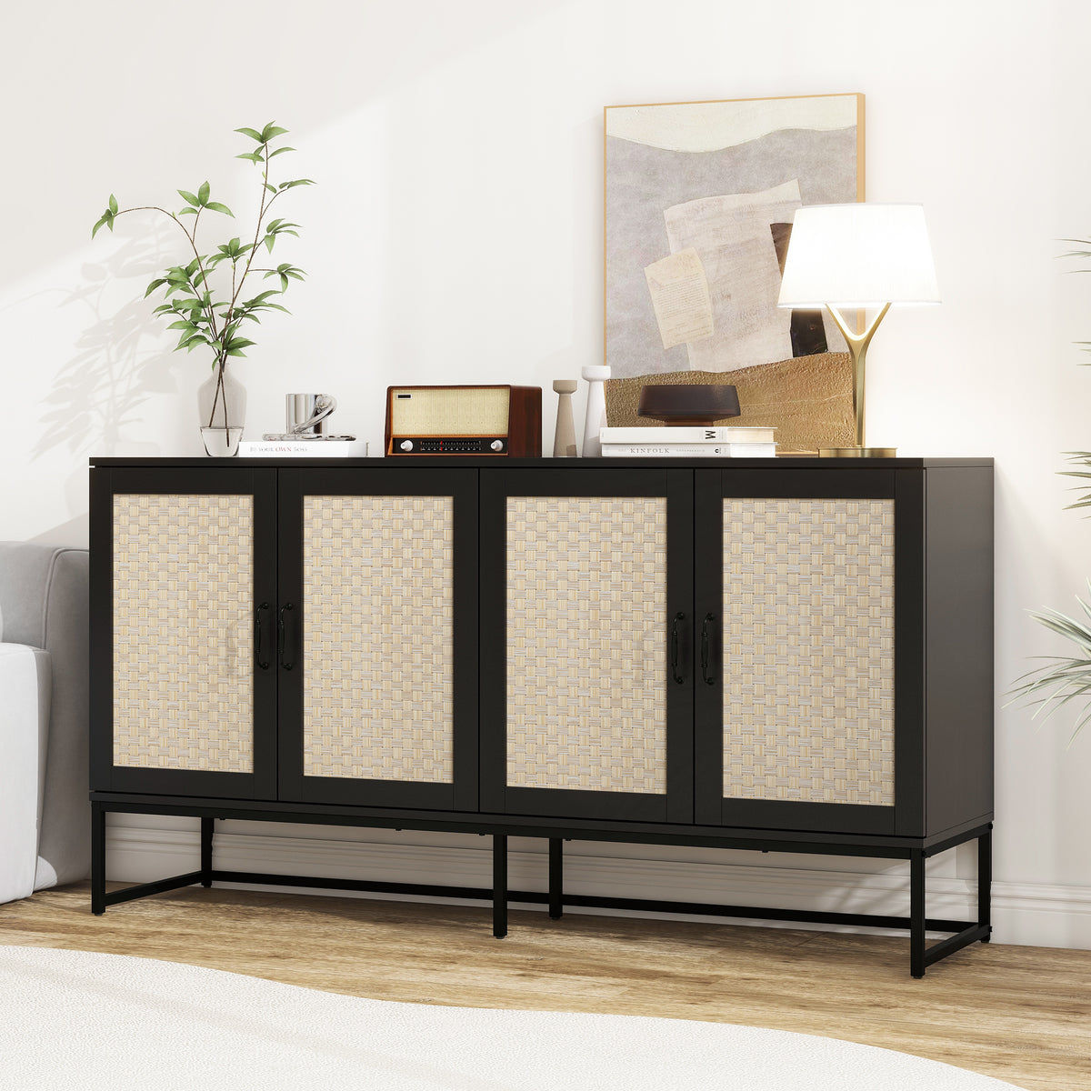 Rattan 4-Door Sideboard Black
