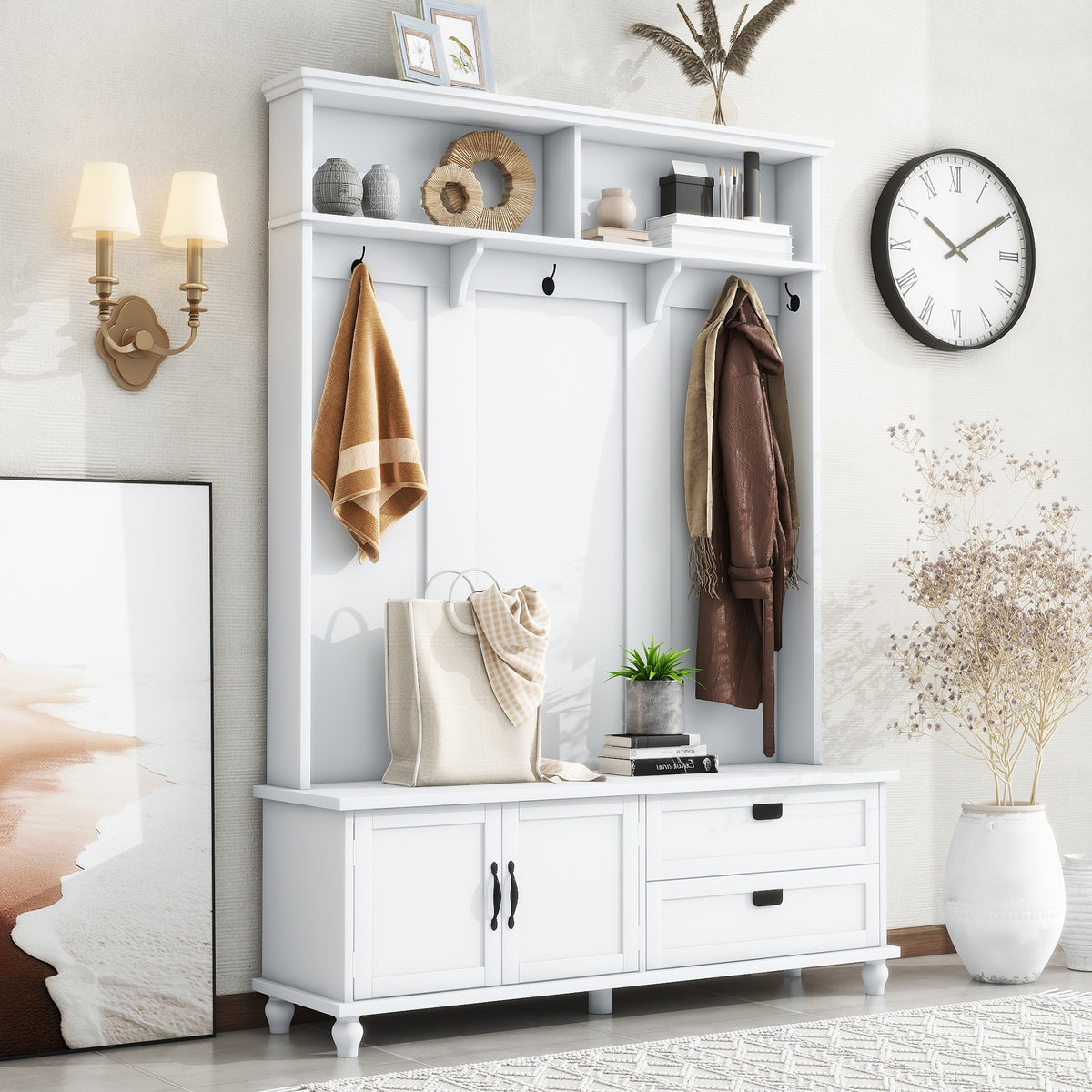 Modern Hall Tree with Drawers White