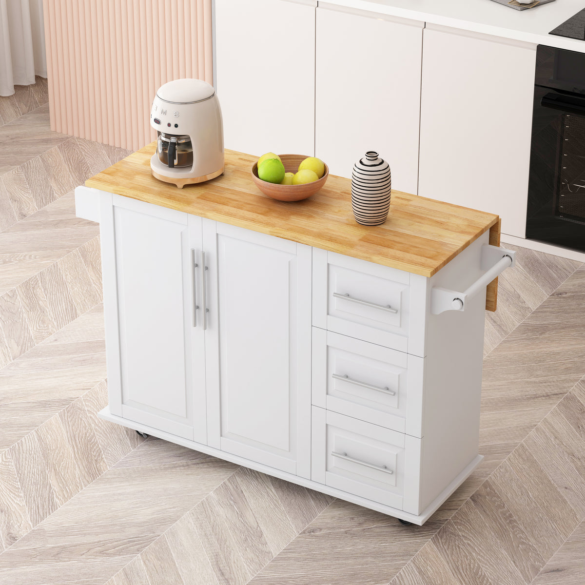 Mobile Kitchen Island with Drawers and Rack White