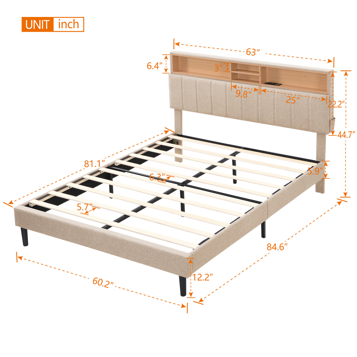 Queen Linen Platform Bed with Storage Beige