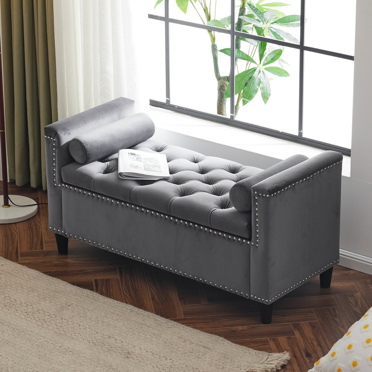 Velvet Storage Bench with Nailhead Trim Gray