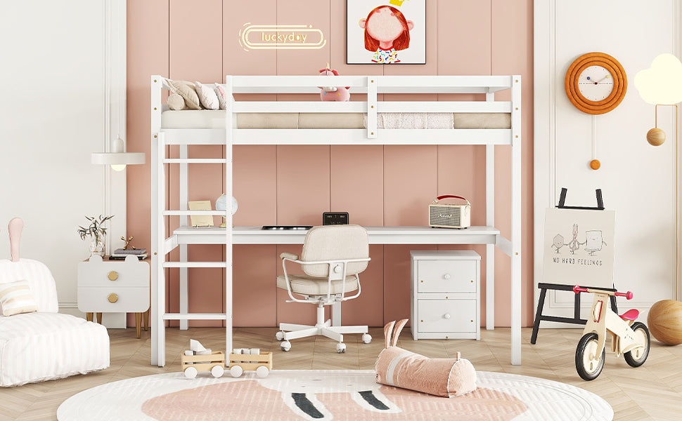 White Twin Loft Bed with Storage & Ladder