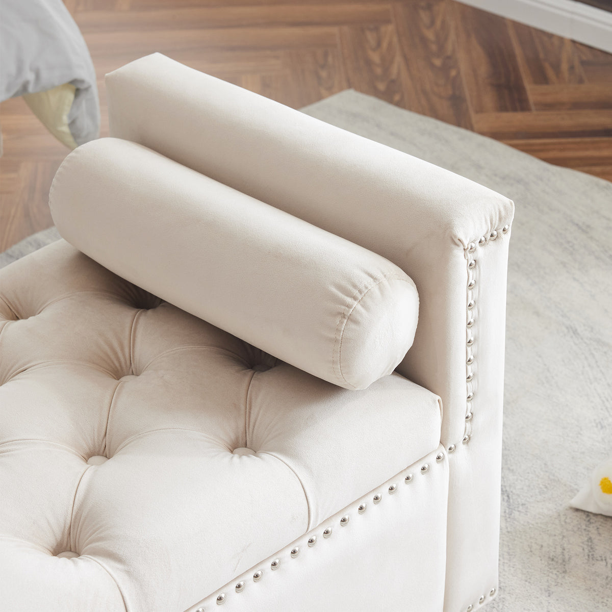 Velvet Storage Bench with Nailhead Trim Cream
