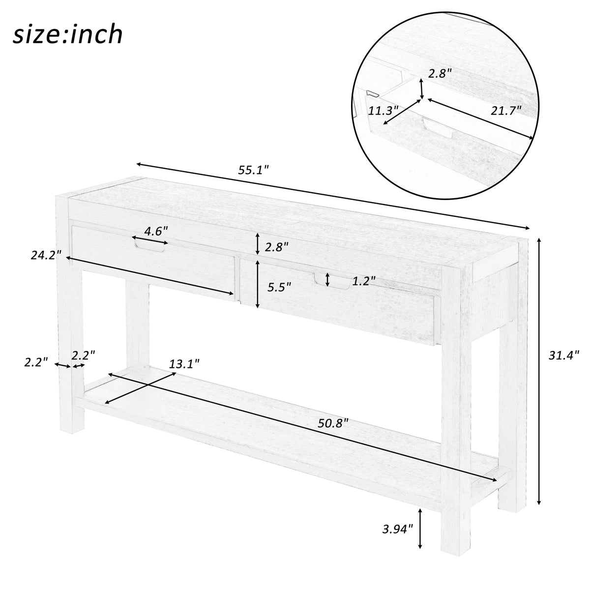 U-Style Entryway Console Table – 2 Drawers
