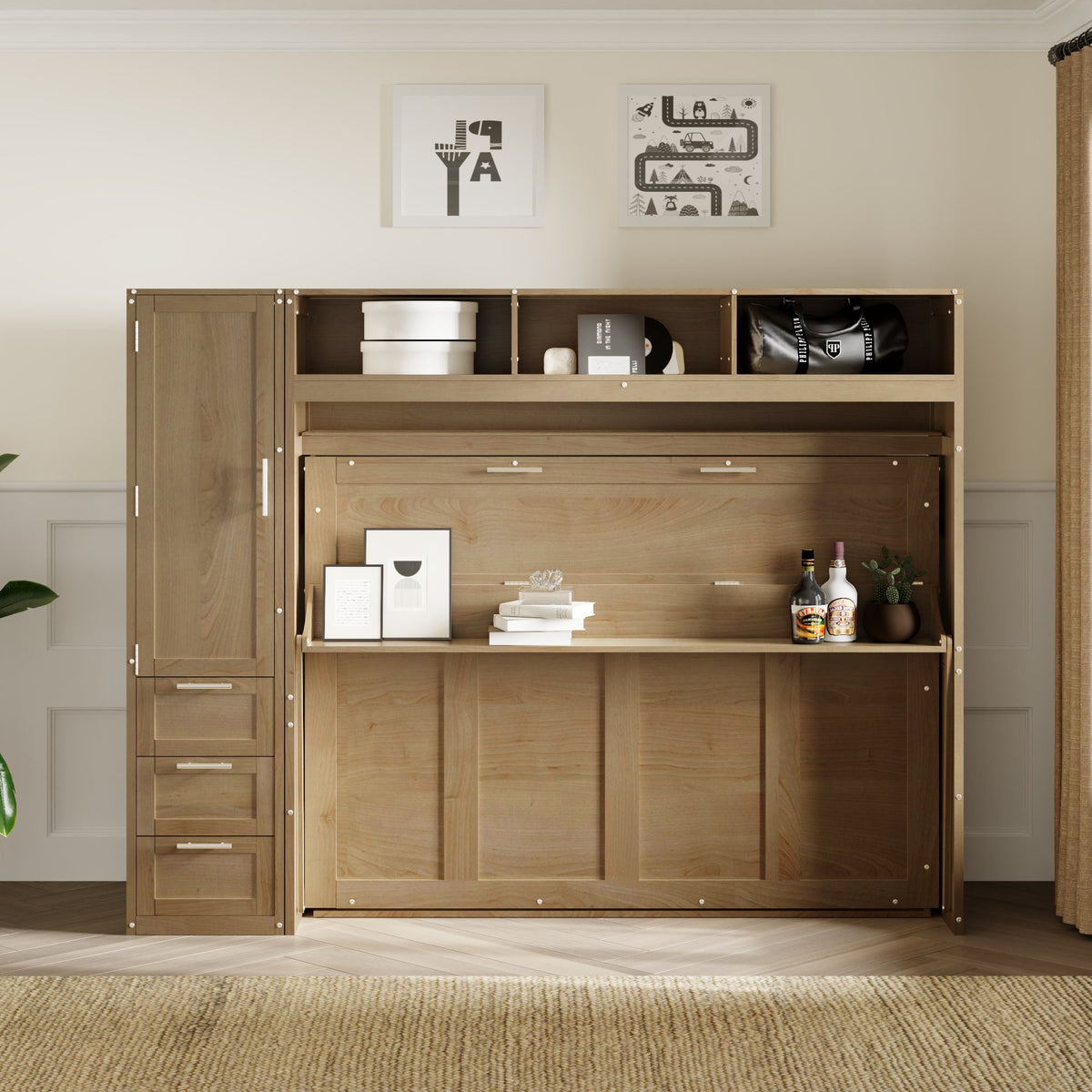 Antique Grey Murphy Bed with Storage Drawers