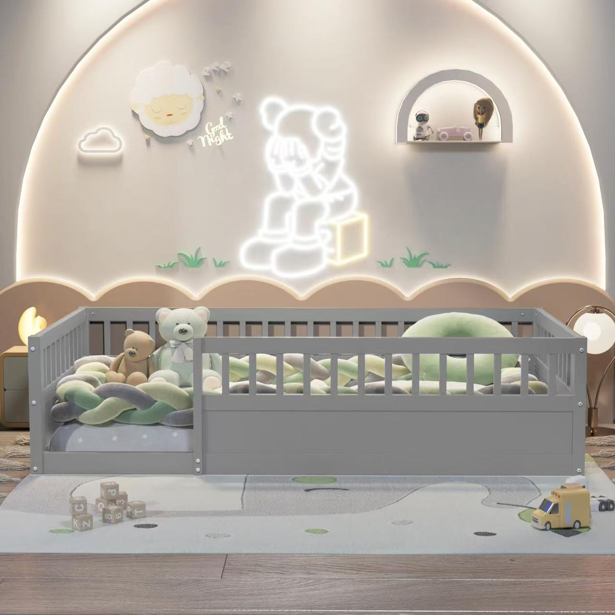Gray Kids Floor Bed Frame with Fence