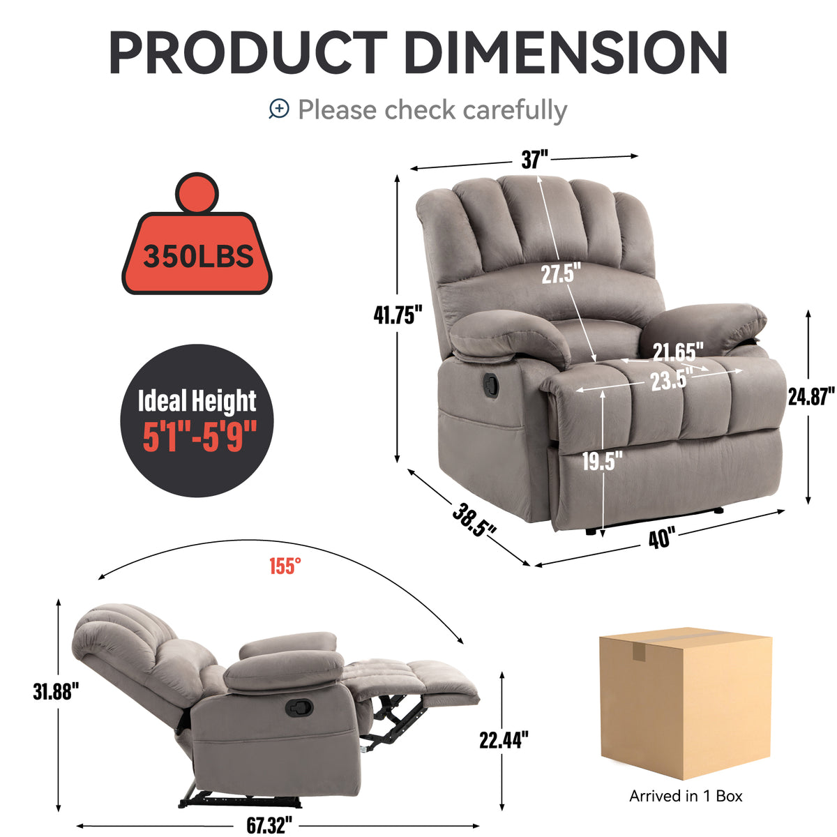 Manual Recliner Chair Fabric Gray