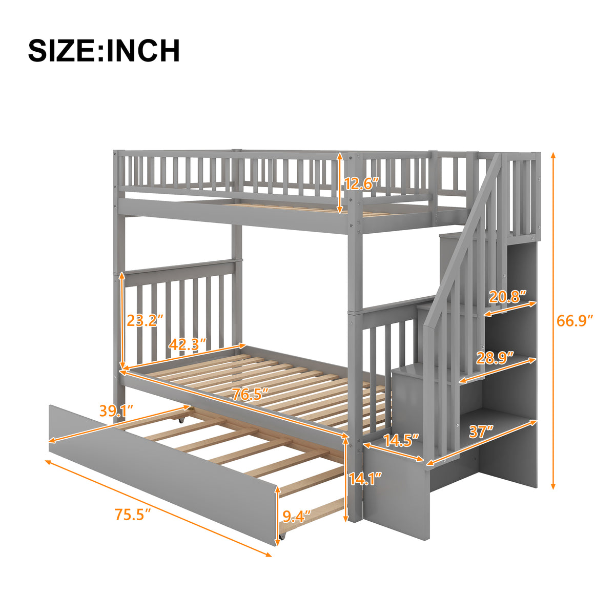 Twin Over Twin Bunk Bed with Trundle Gray