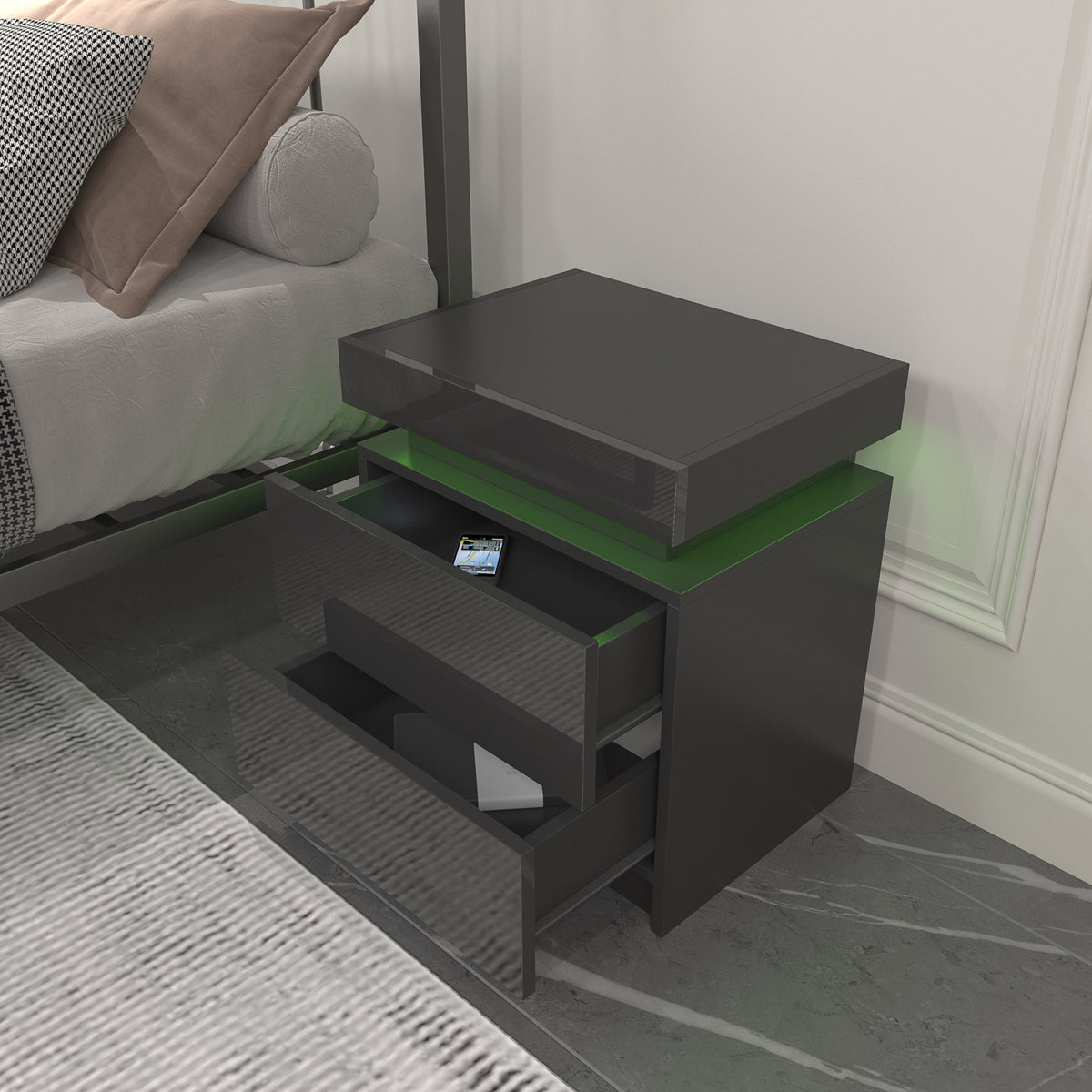 Black LED Nightstand with Storage Drawers