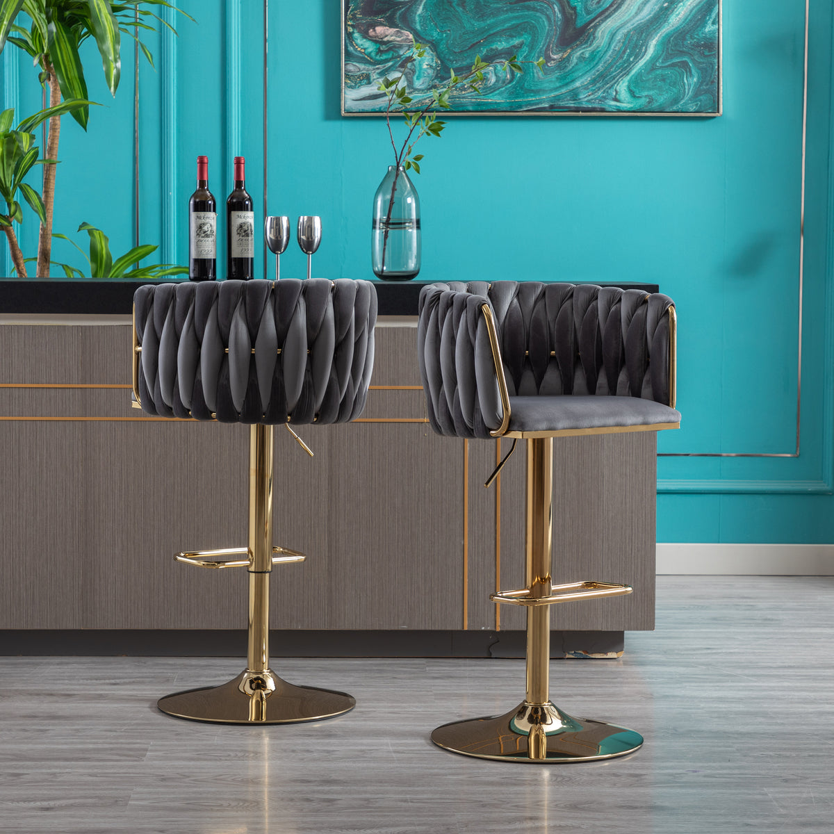 Velvet Swivel Bar Stools Set of 2 Gray