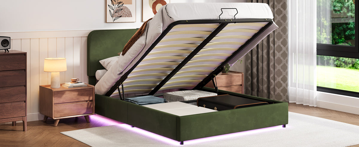 Hydraulic Storage Bed with LED Lights Green