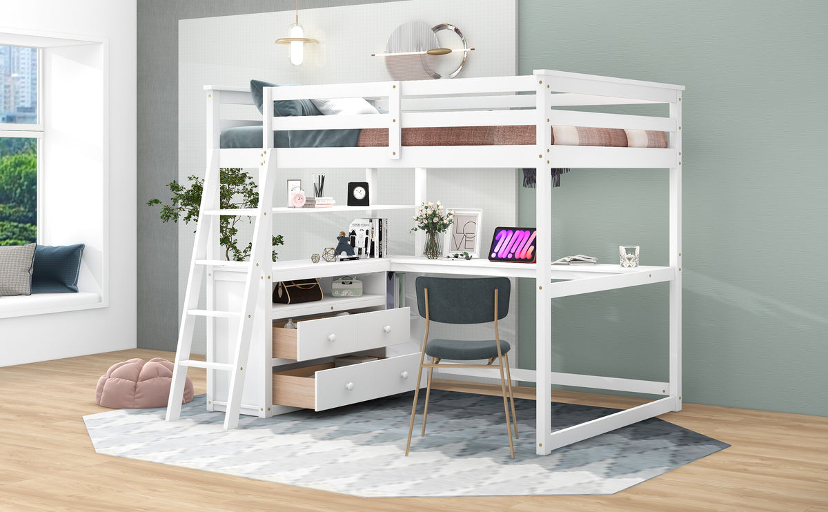 Full Loft Bed with Desk and Drawers White
