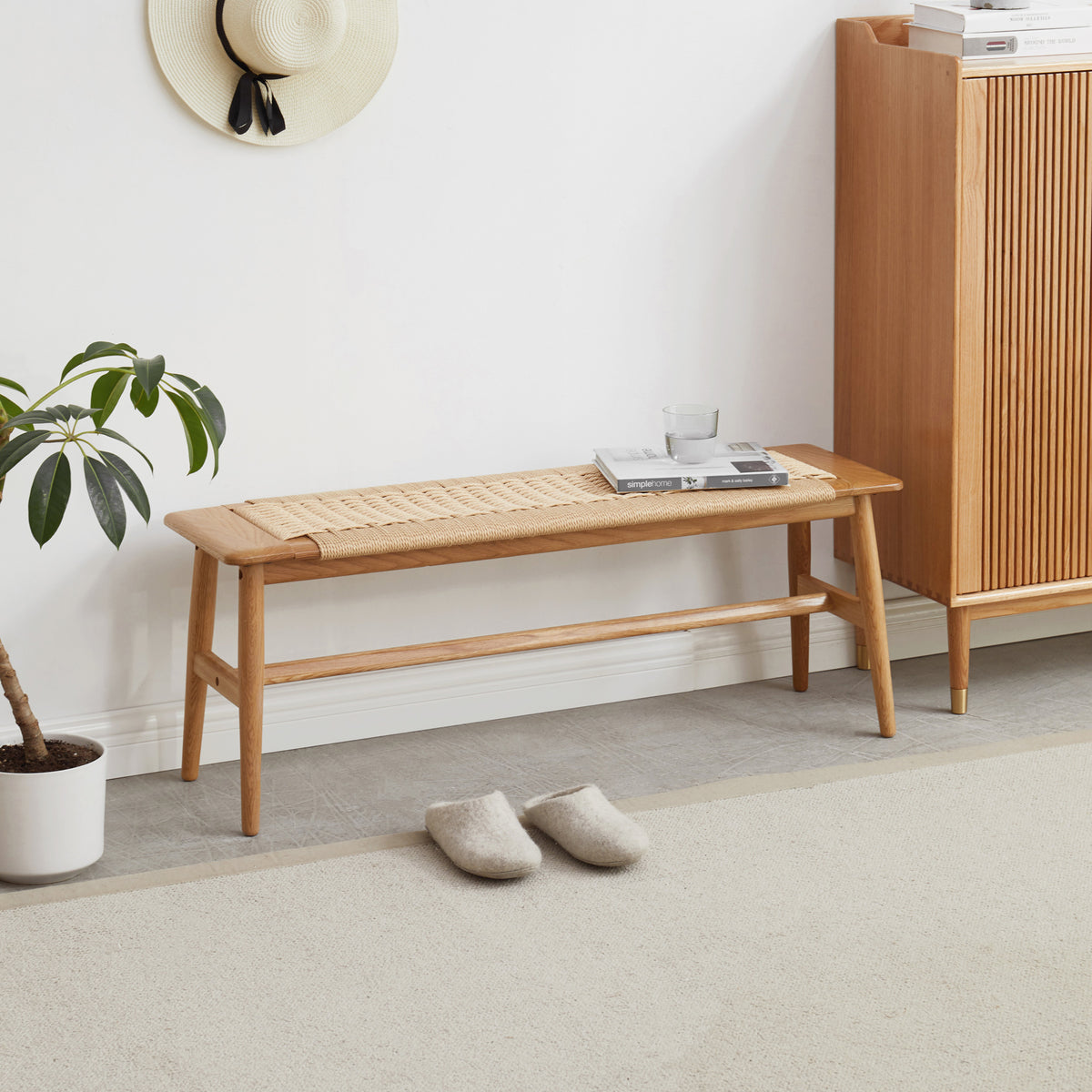 Natural Oak Dining Bench with Woven Seat