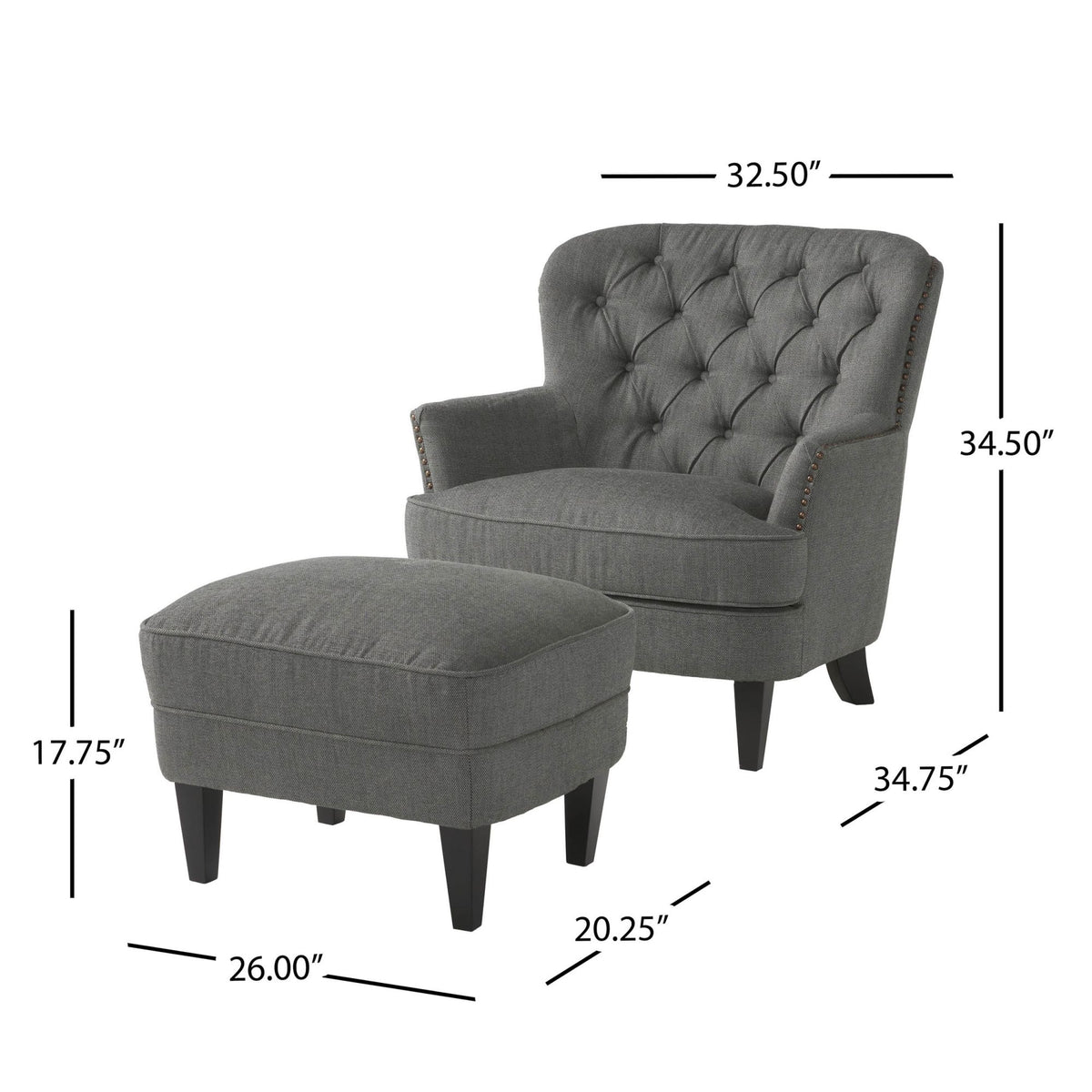 Modern Grey Fabric Club Chair with Ottoman – Upholstered Lounge Set