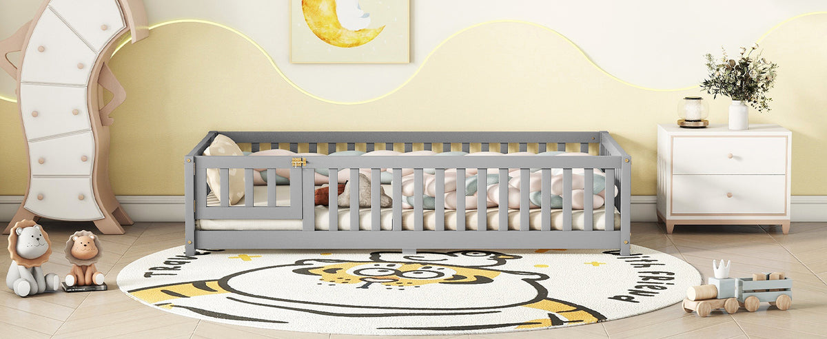 Twin Kids Bed Frame with Safety Rails – Gray