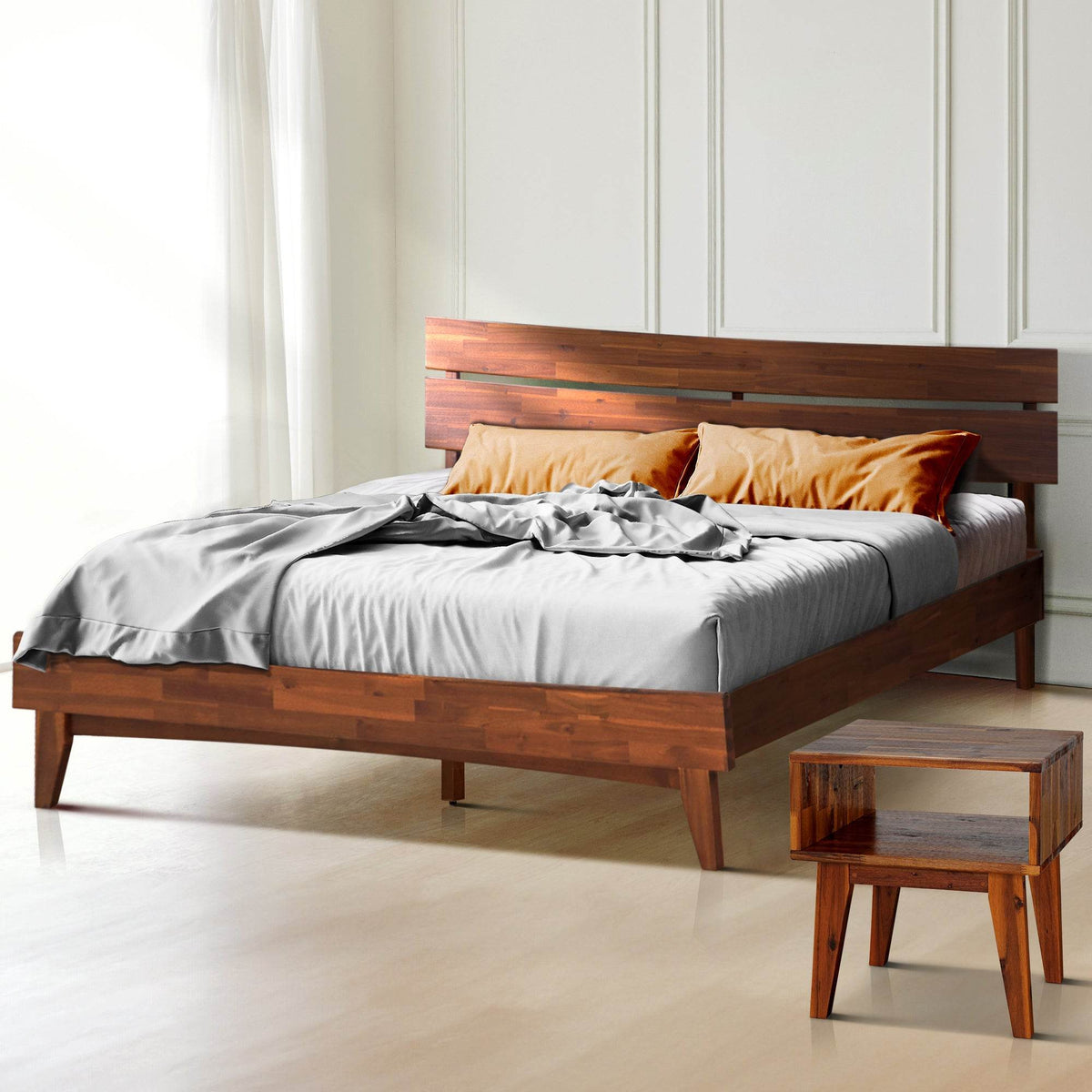 Aurora Solid Wood Bed Frame and Matching Nightstand Bedroom Set
