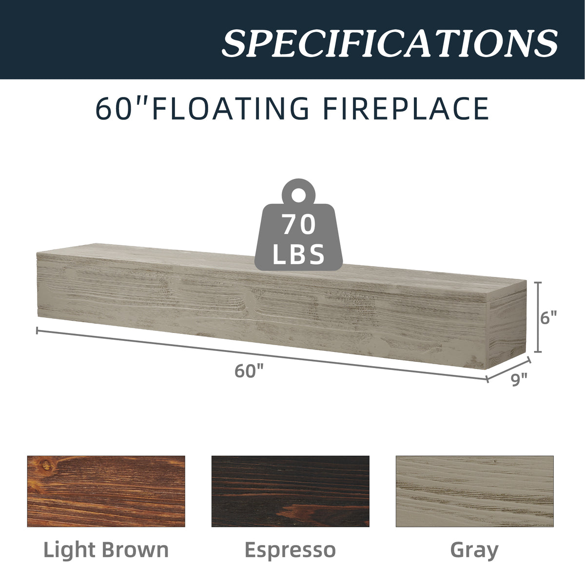 60-Inch Rustic Wood Floating Fireplace Mantel Gray