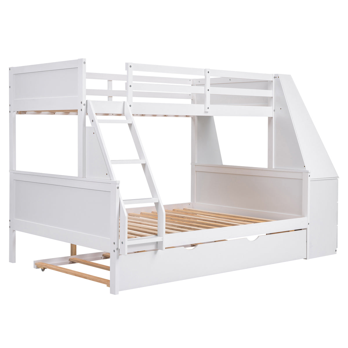 Twin Over Full Bunk Bed with Built-In Desk White