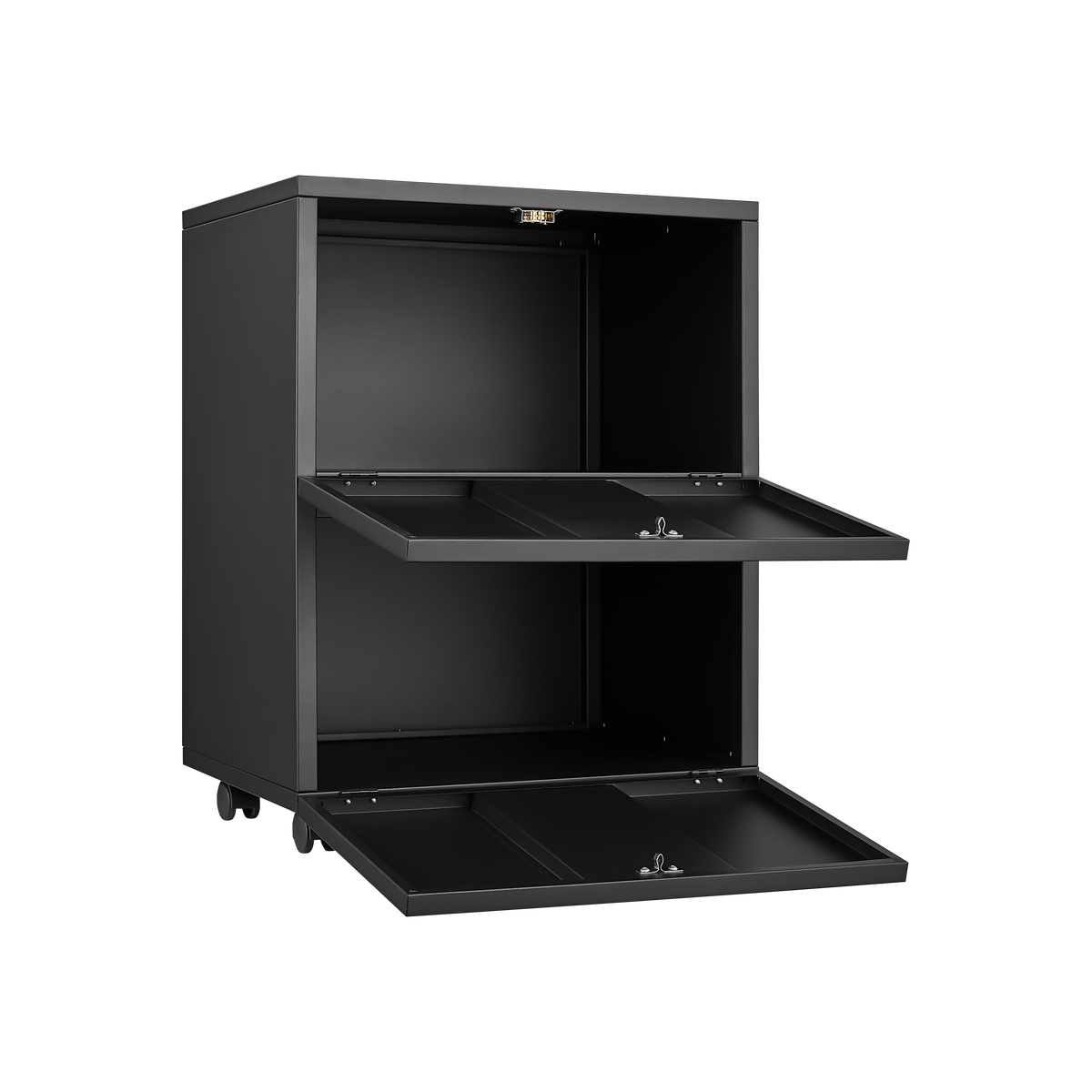 Black Mobile Copier Cabinet – 2-Door Steel File & Printer Stand with Locking Wheels