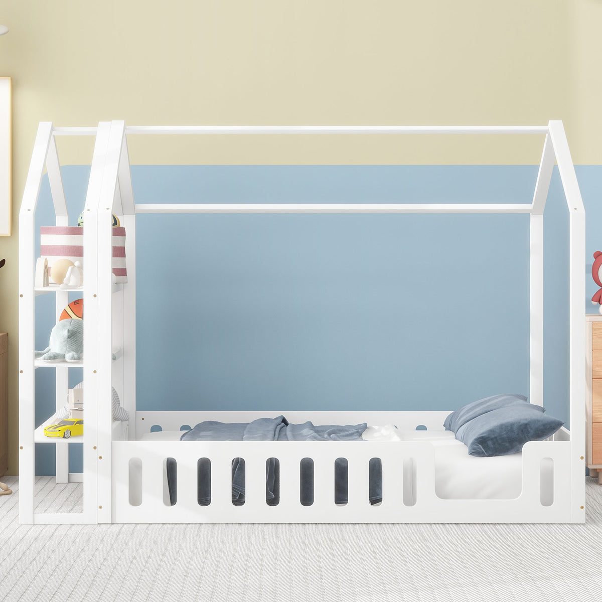 Full Platform Bed with Storage Shelves White