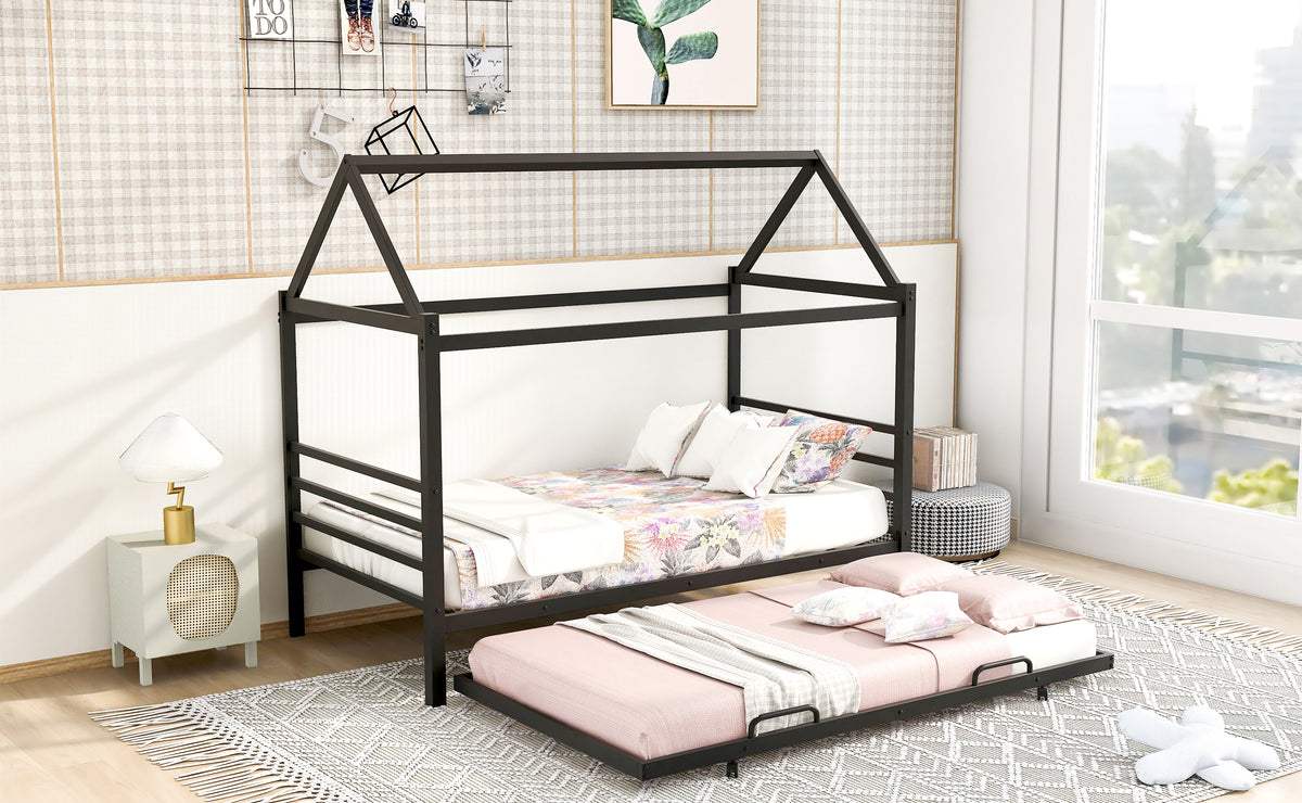 Metal House Platform Bed with Trundle Black
