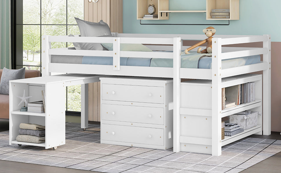 Full Loft Bed with Rolling Desk White