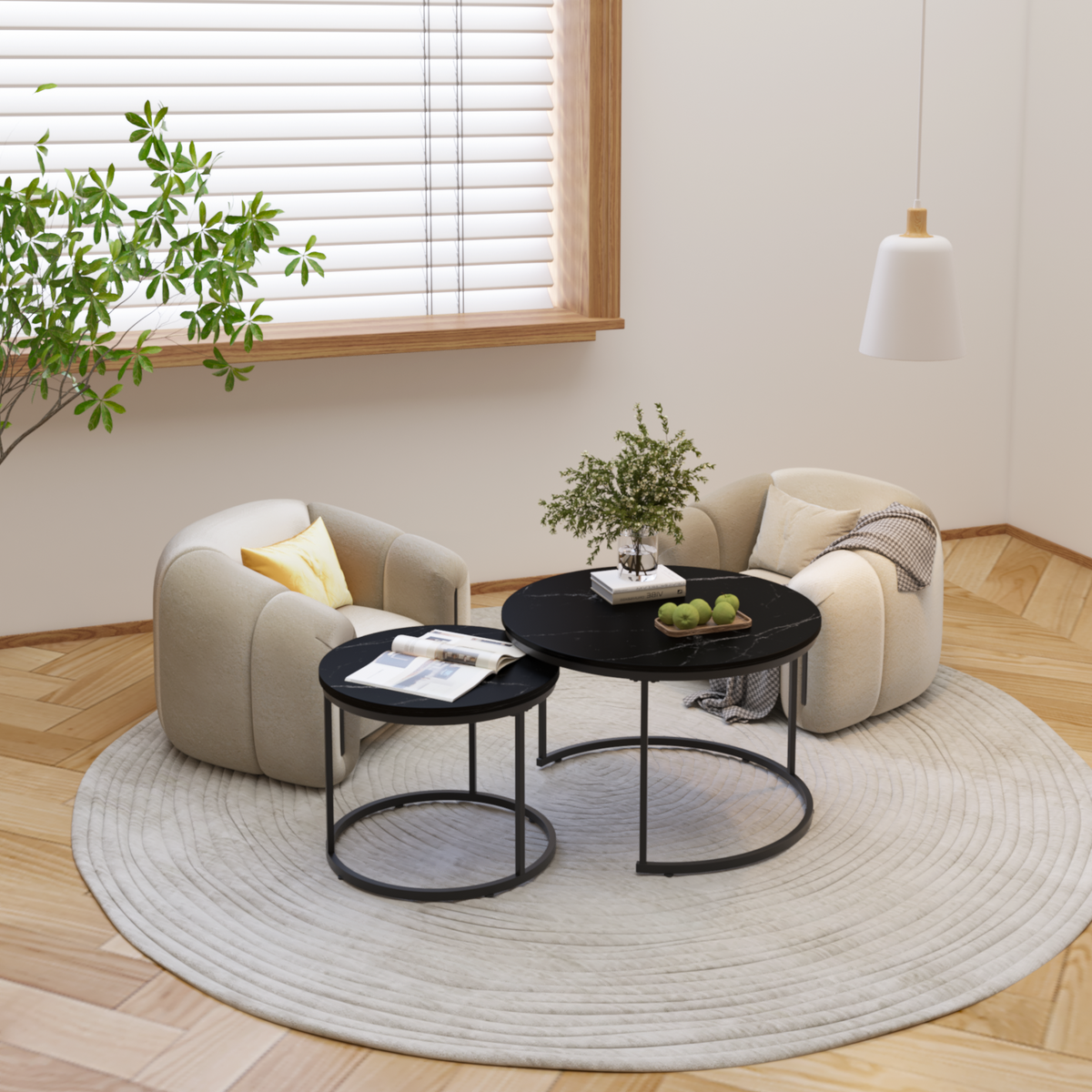 Nesting Coffee Tables Set of 2 Black Marble Top