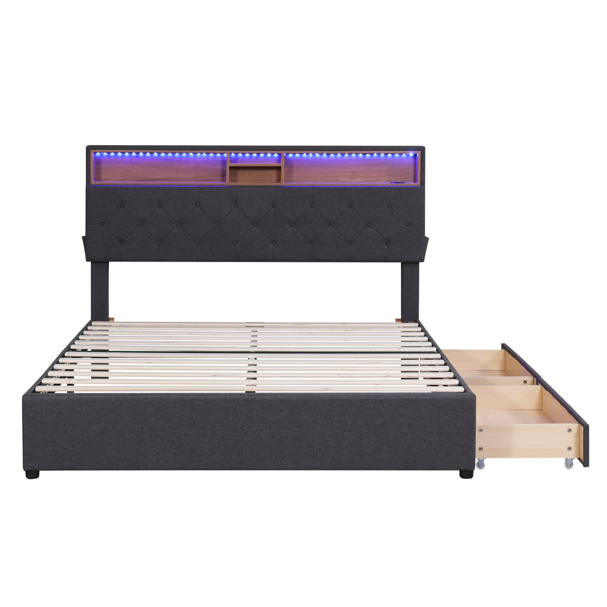 Queen LED Upholstered Storage Bed – Dark Gray