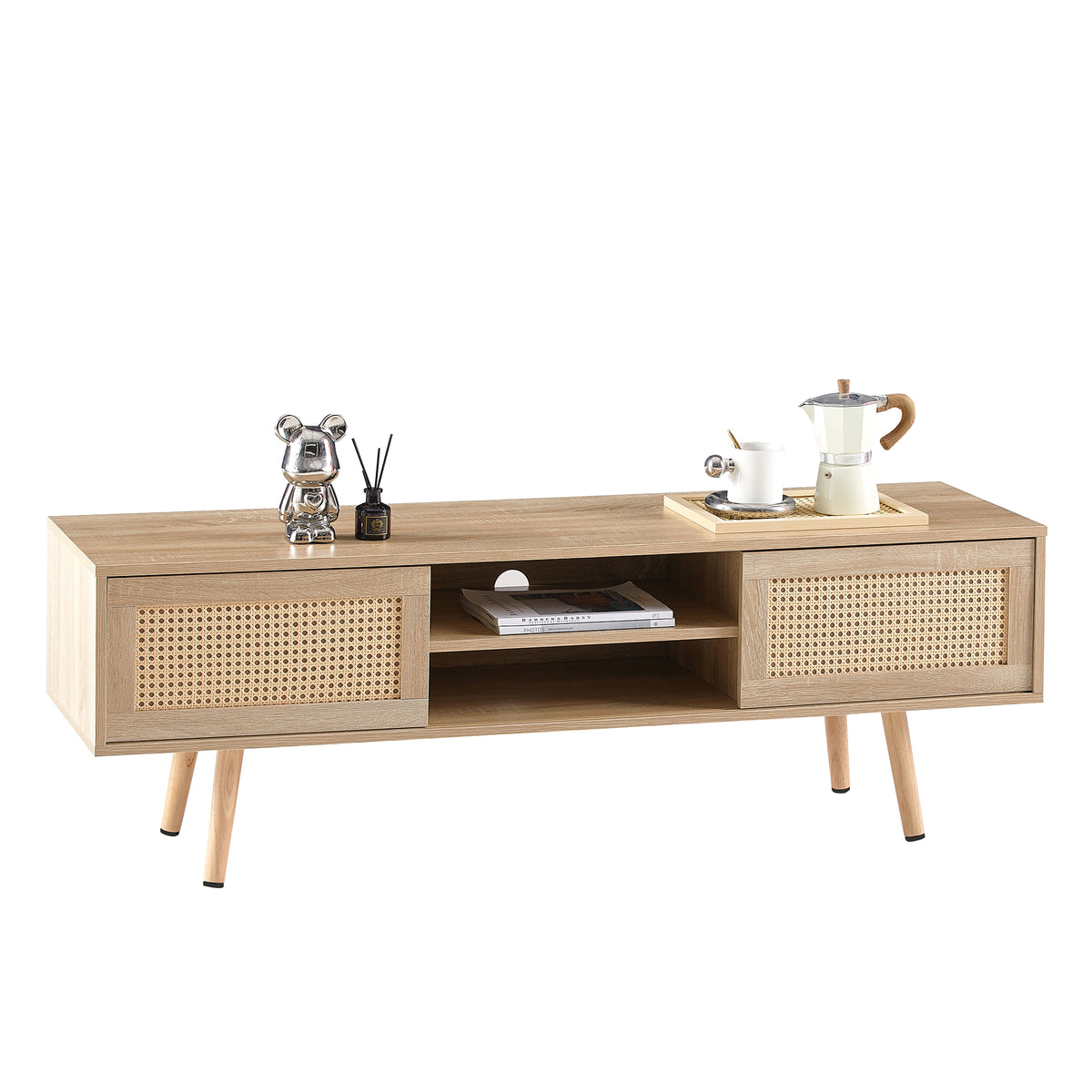 Rattan Wood TV Console – Adjustable Doors, Natural Finish