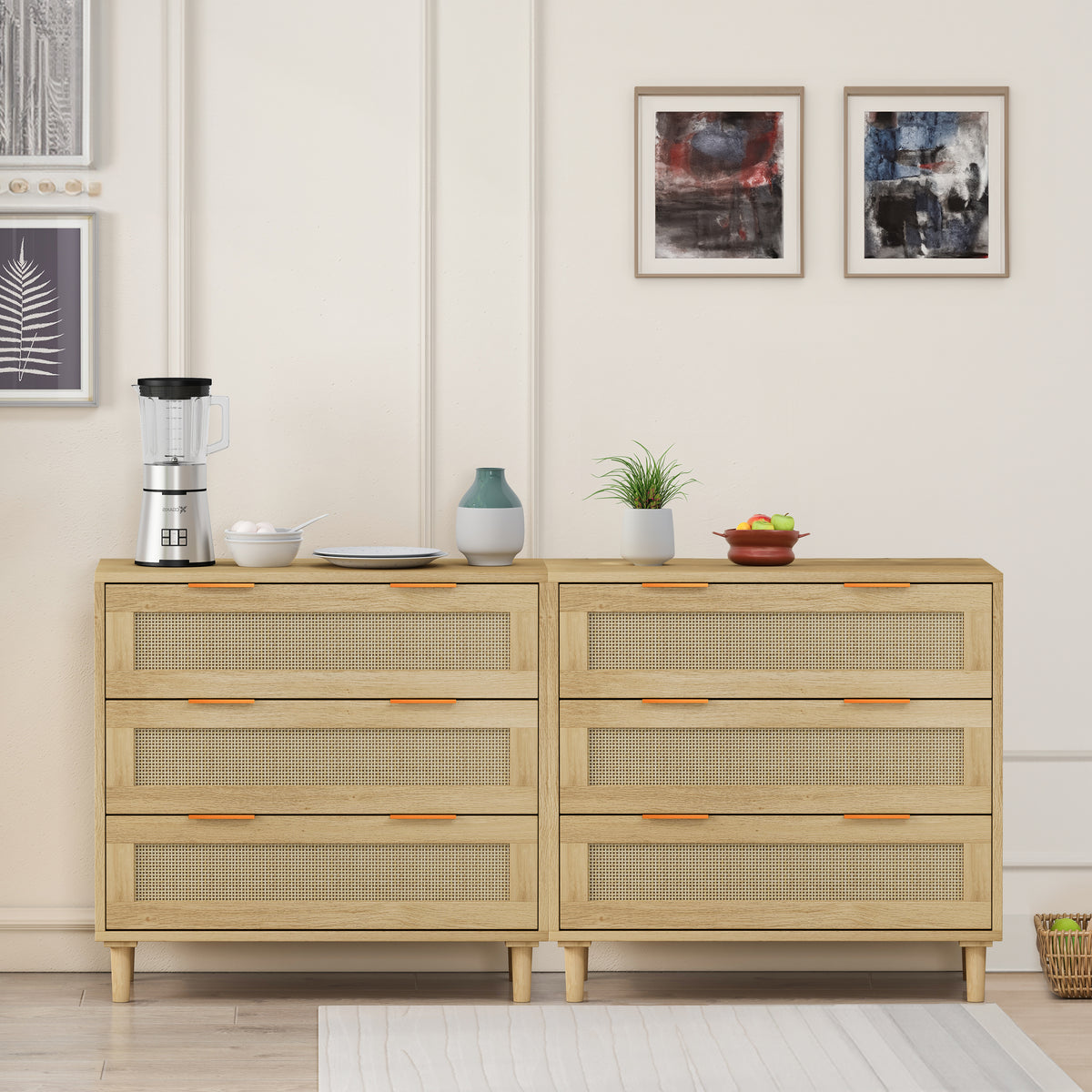 Rattan Drawer Storage Cabinet – Oak & MDF Sideboard