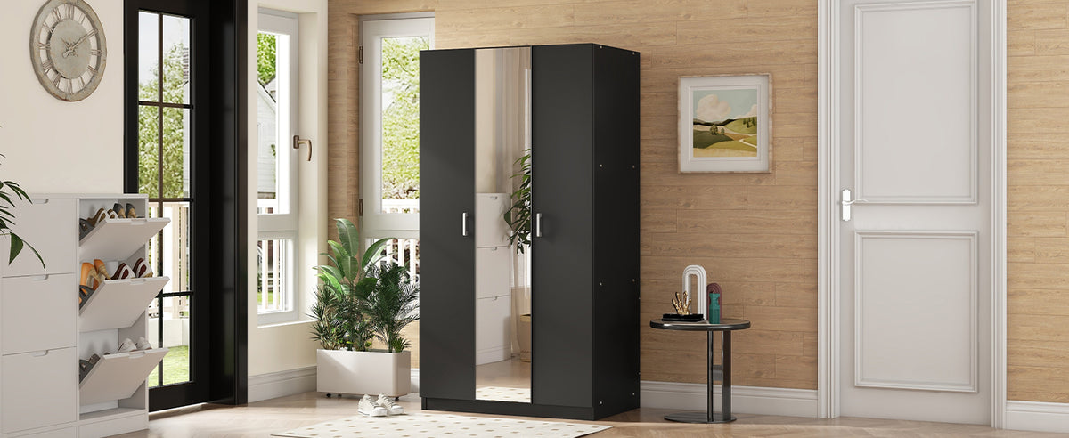 3-Door Wardrobe with Mirror Black