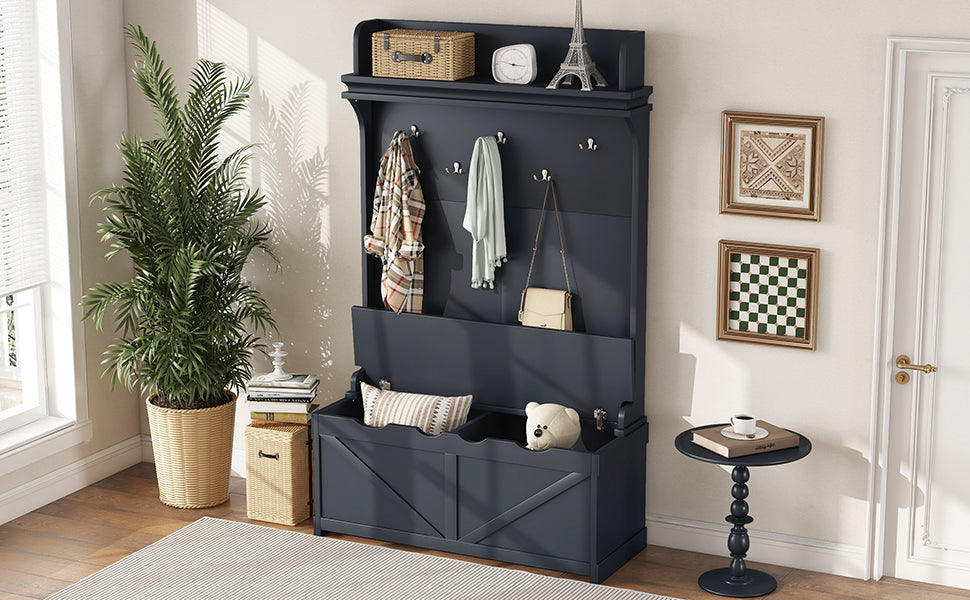 Dark Blue Hall Tree with Desk, Hooks, and Shelves