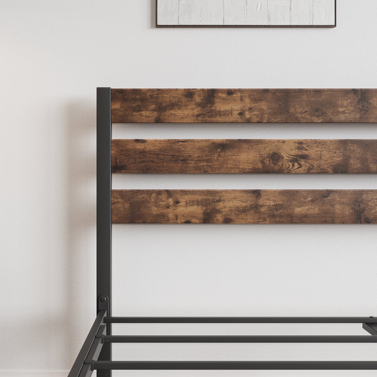 Queen Platform Bed with Rustic Wood Headboard Brown